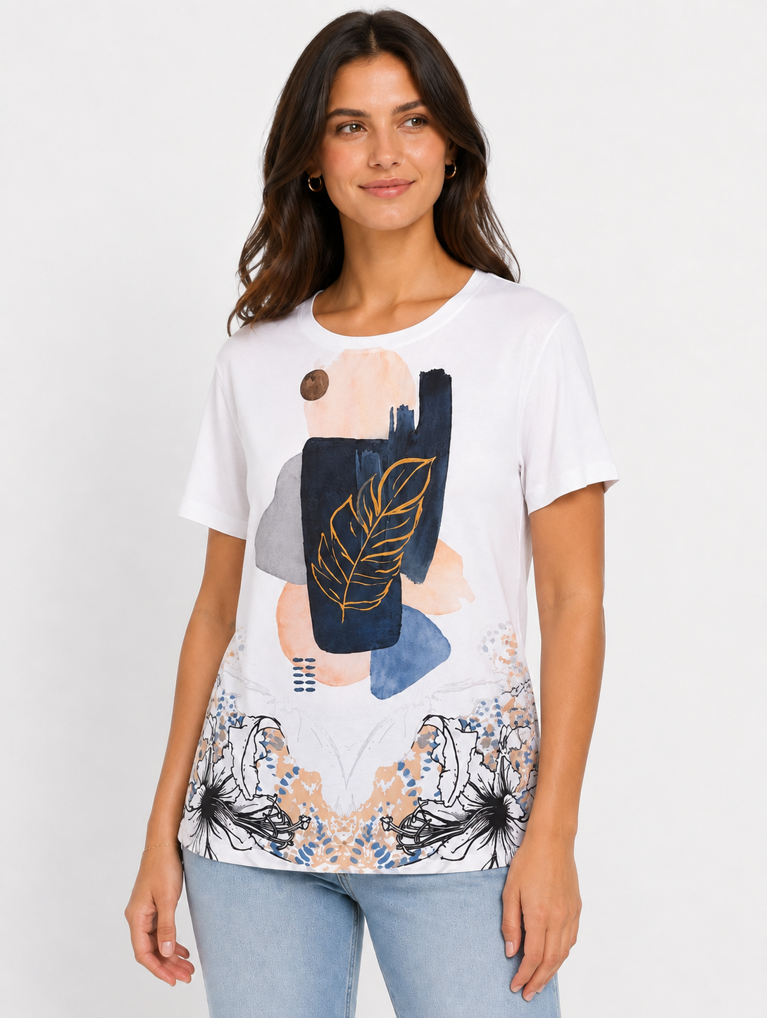 Abstract leaf print top shown in a relaxed alternate pose