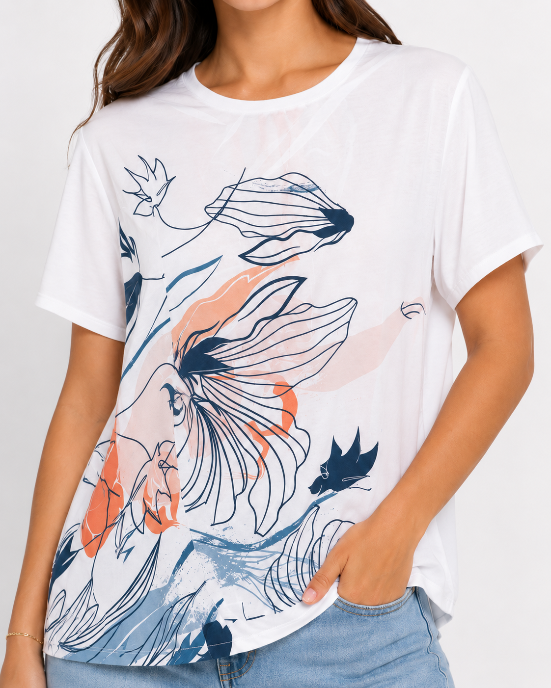 Peach and navy floral top neckline and print close-up