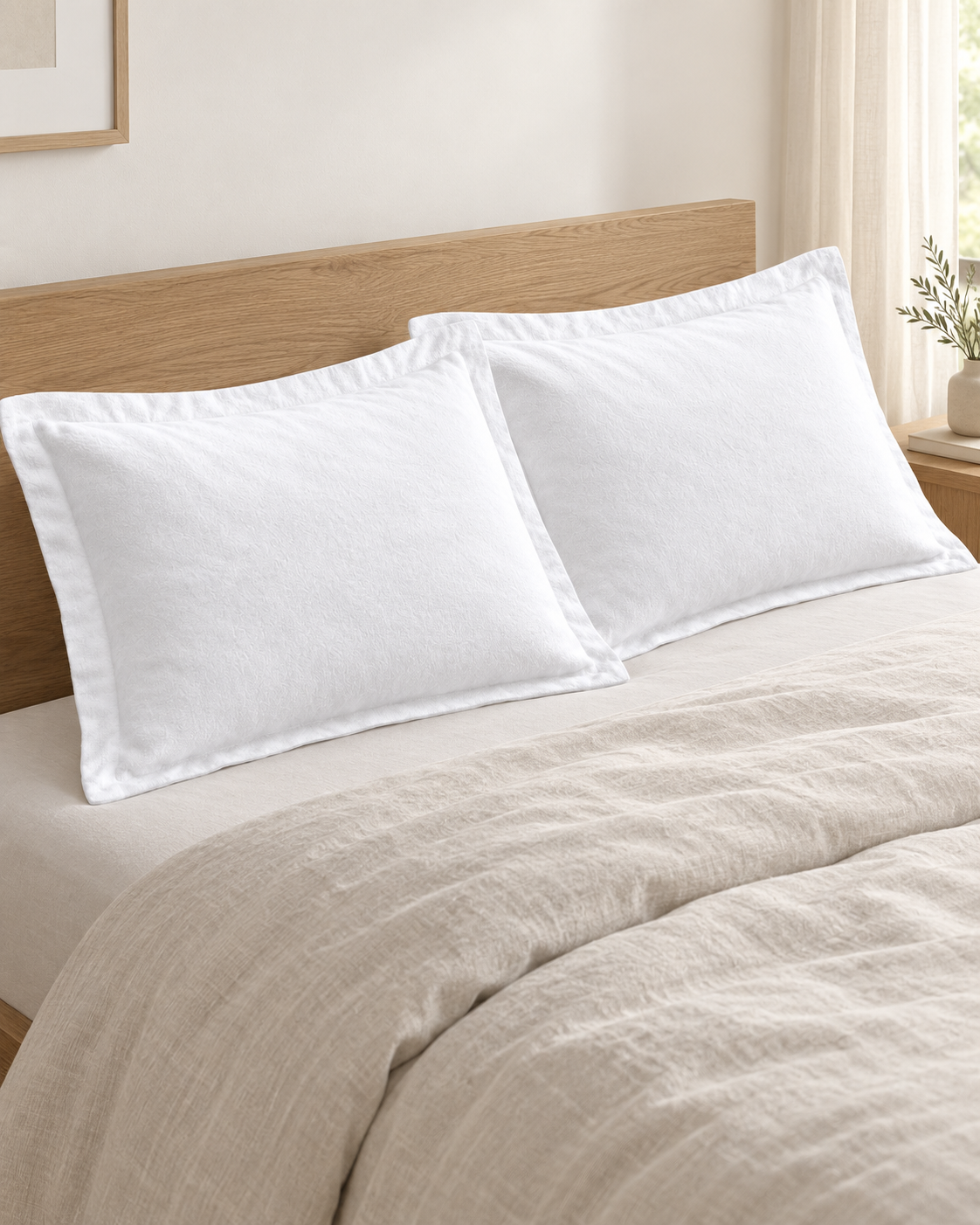 White brushed cotton Oxford pillowcases styled on a bed