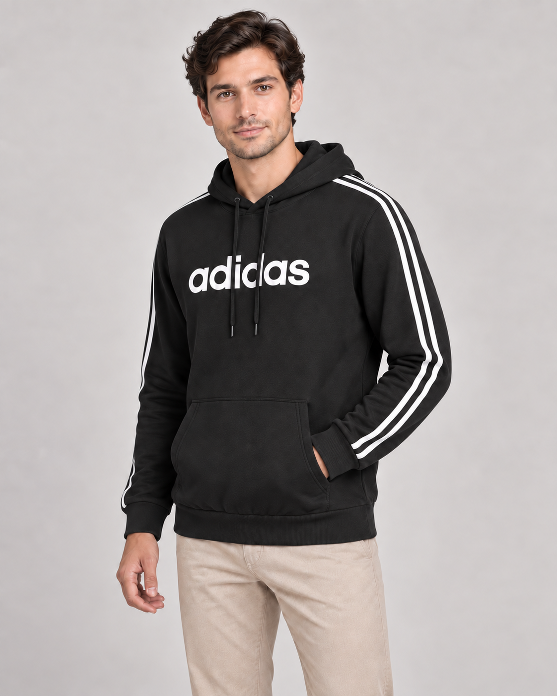 Black Adidas hoodie shown in a three-quarter pose