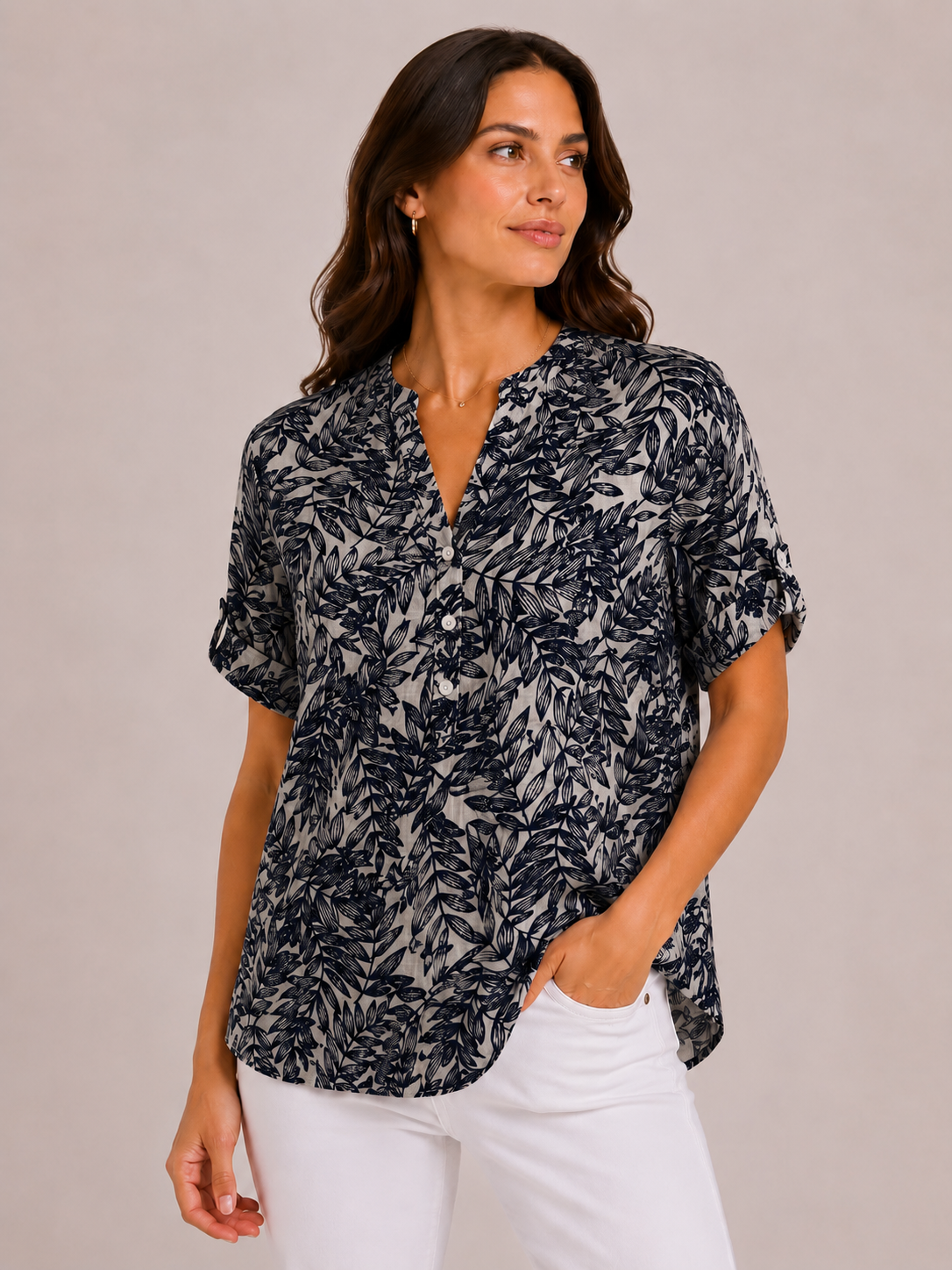 Leaf Print Short Sleeve Blouse in Navy on a studio model