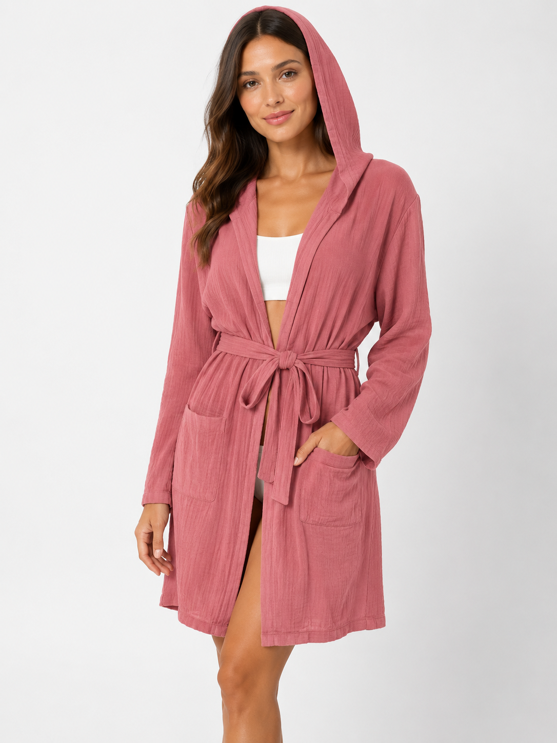 Cotton Lightweight Gown in Pink on a studio model