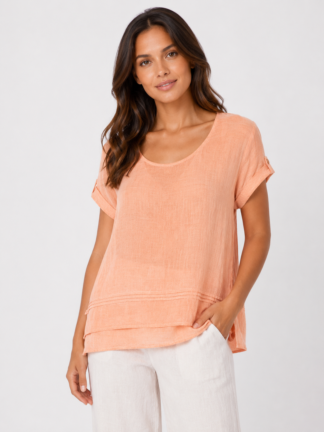 Short Sleeve Tunic Top in Peach on a studio model