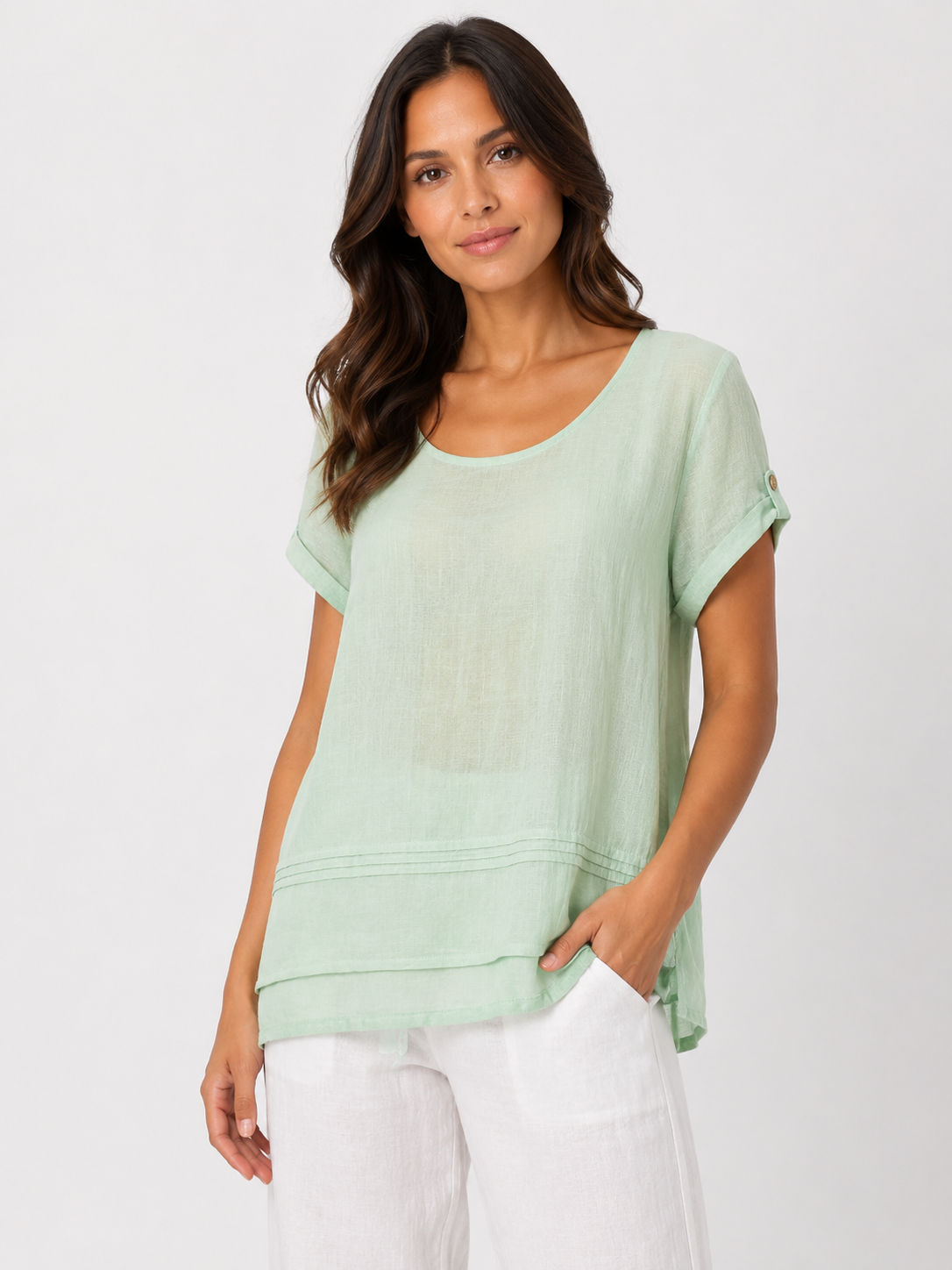 Short Sleeve Tunic Top in Turquoise on a studio model
