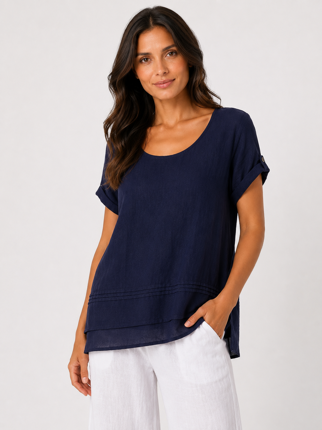 Short Sleeve Tunic Top in Navy on a studio model