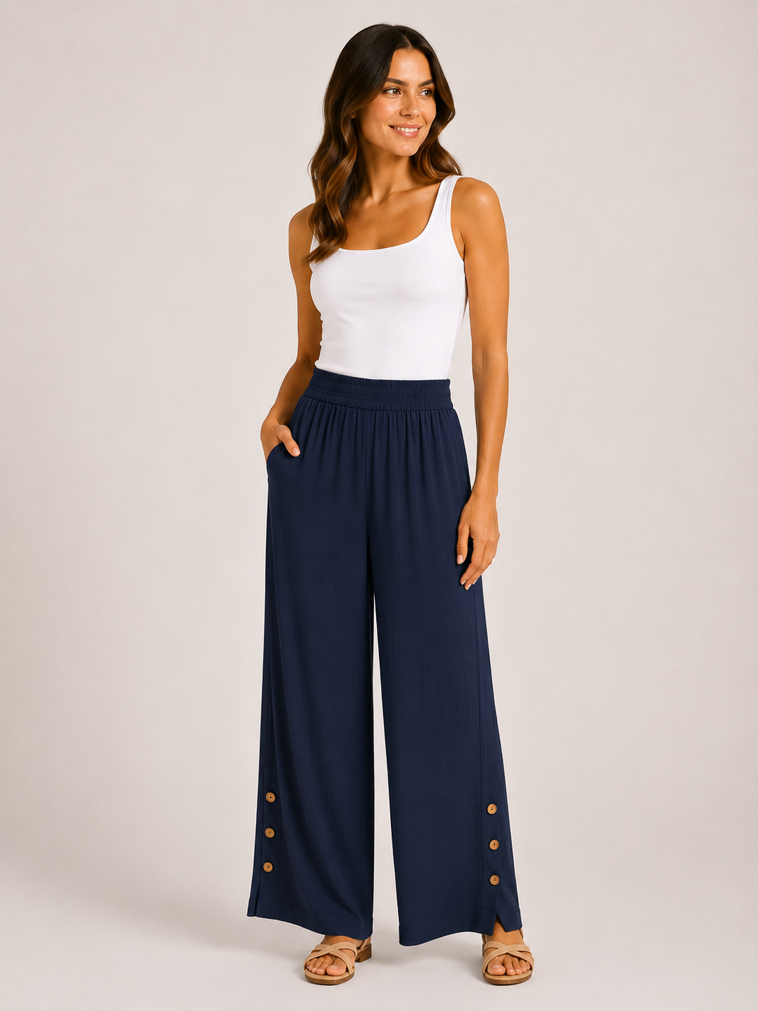 Summer Wide Leg Trouser Button Detail in Navy on a studio model