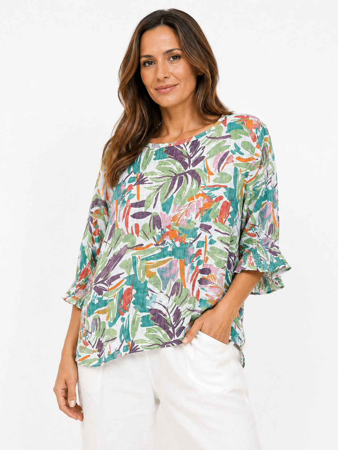 Floral Elasticated Sleeve Top in Green on a studio model