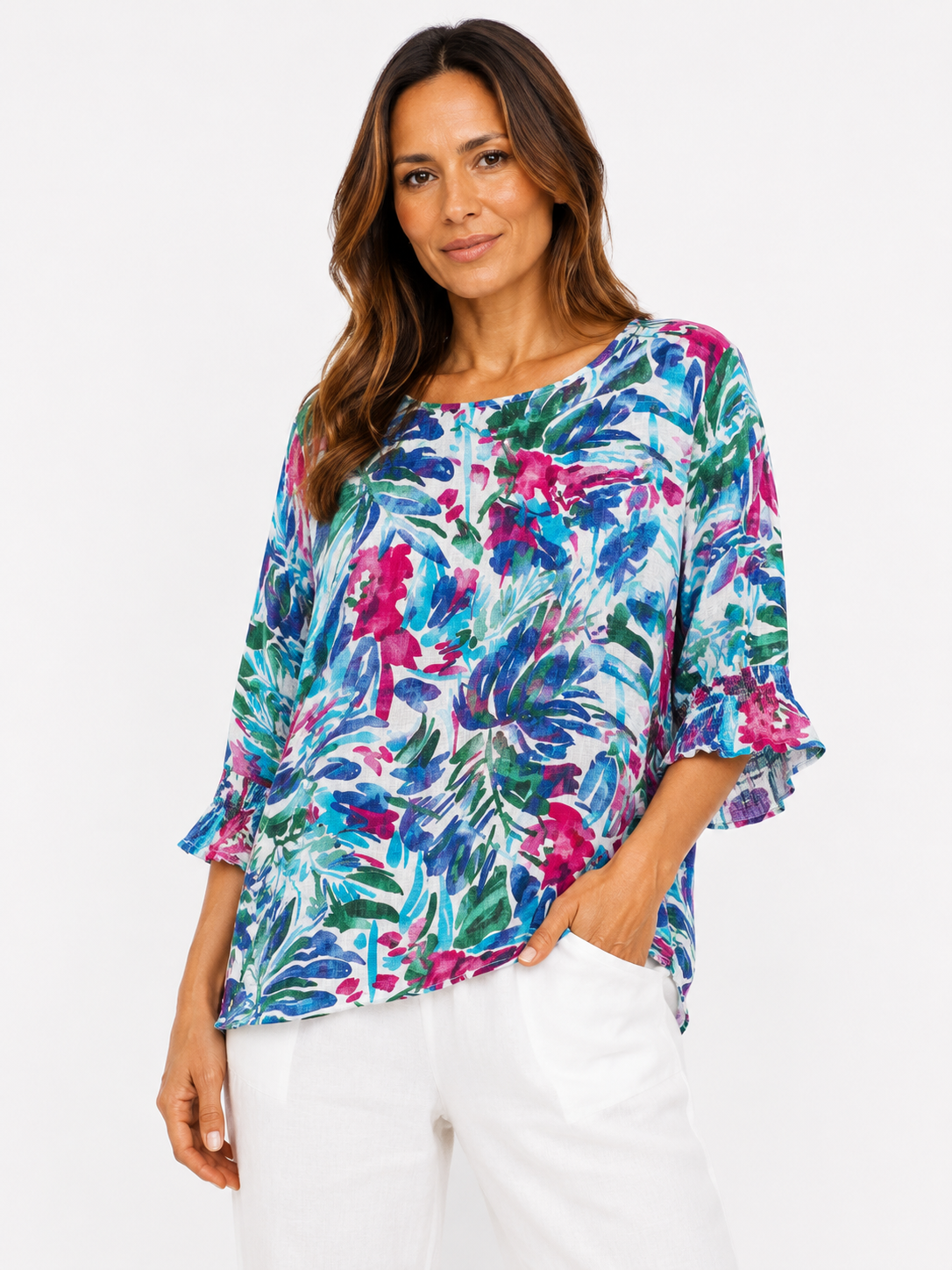 Floral Elasticated Sleeve Top in Blue on a studio model
