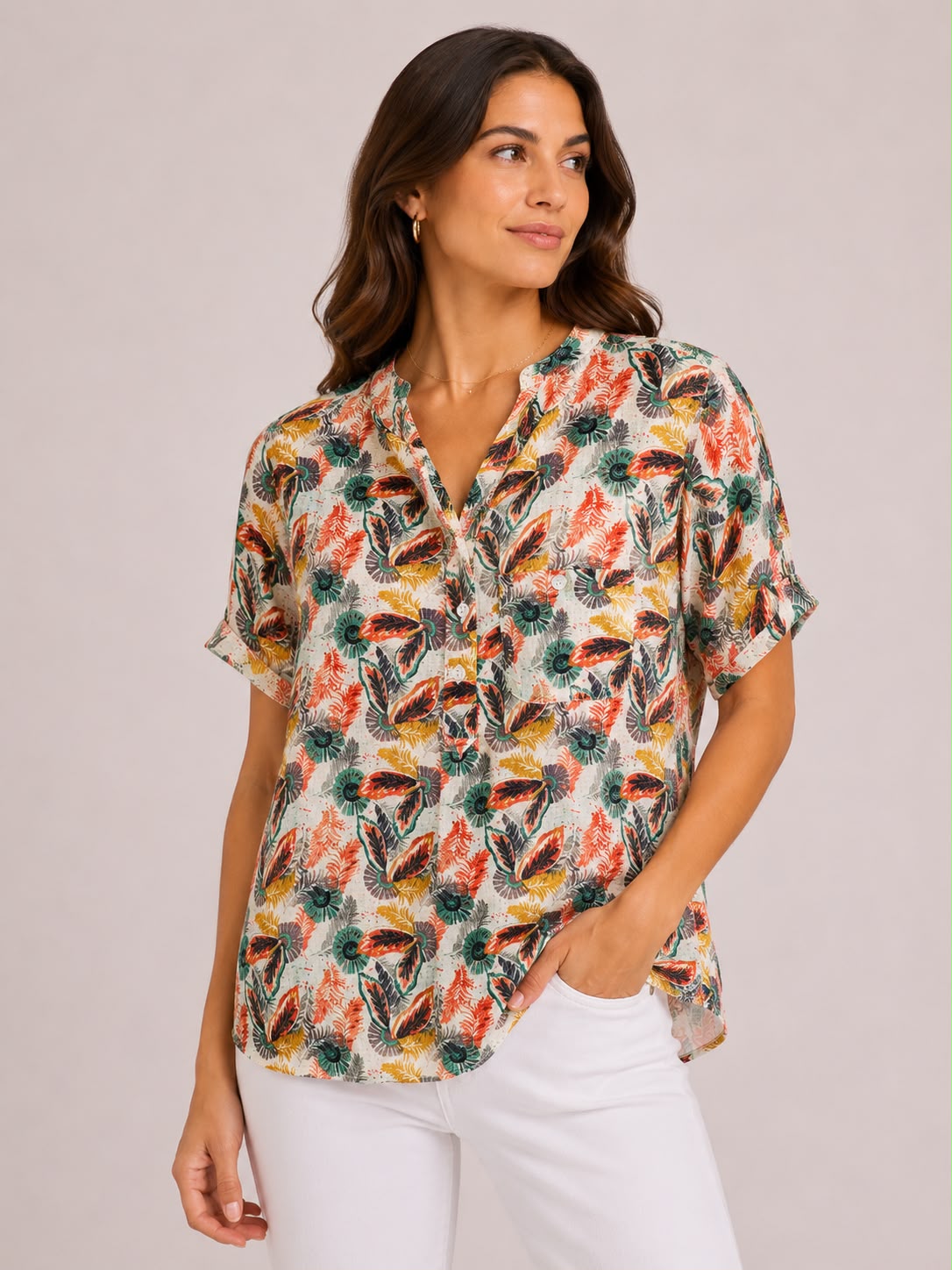 Leaf Print Short Sleeve Blouse in Orange Mix on a studio model