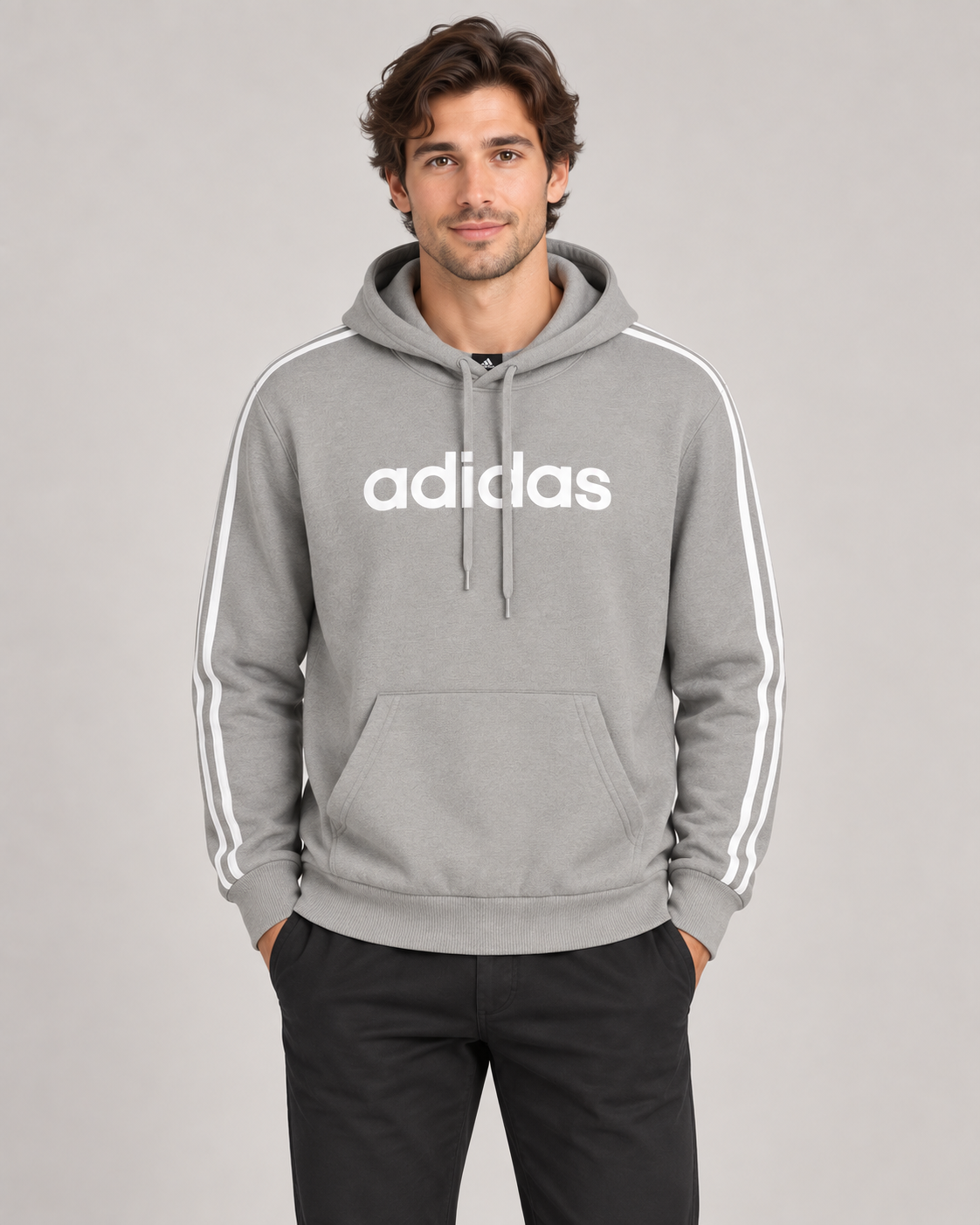 Adidas Hoodie Men in Grey on a studio model