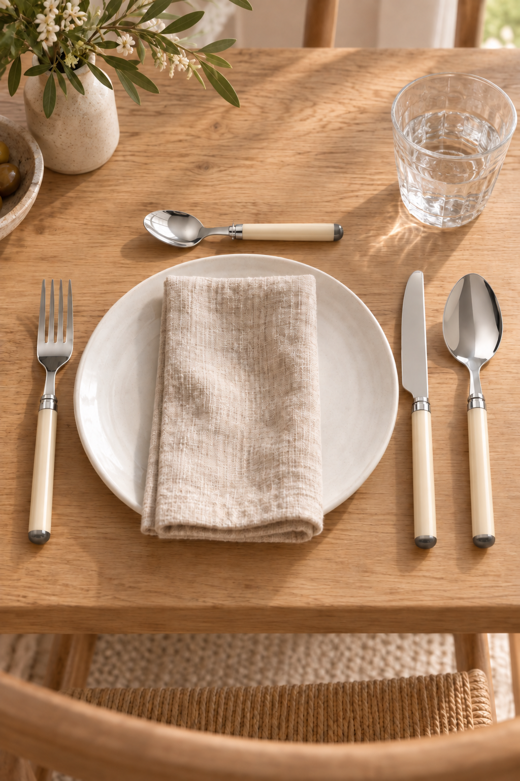 Cream-handled Allegro cutlery styled at a dining table