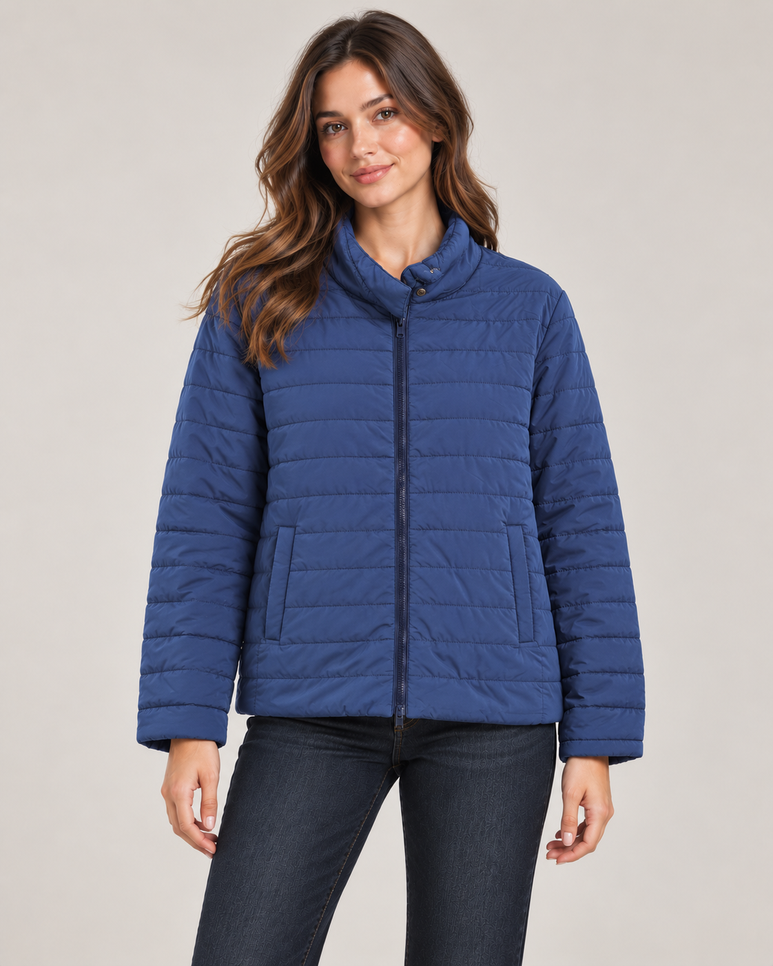 Quilted Zip Jacket – Blue worn by a model