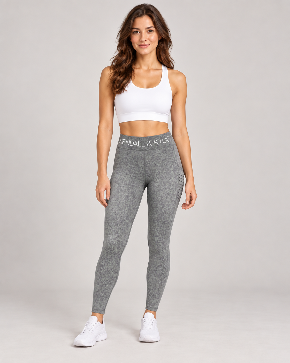 Kendall & Kylie Ribbed Gym Leggings in Grey on a female studio model