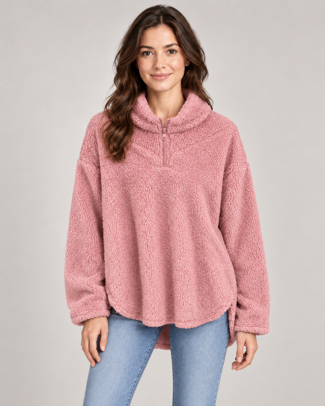 Pink oversized fluffy top on a female studio model