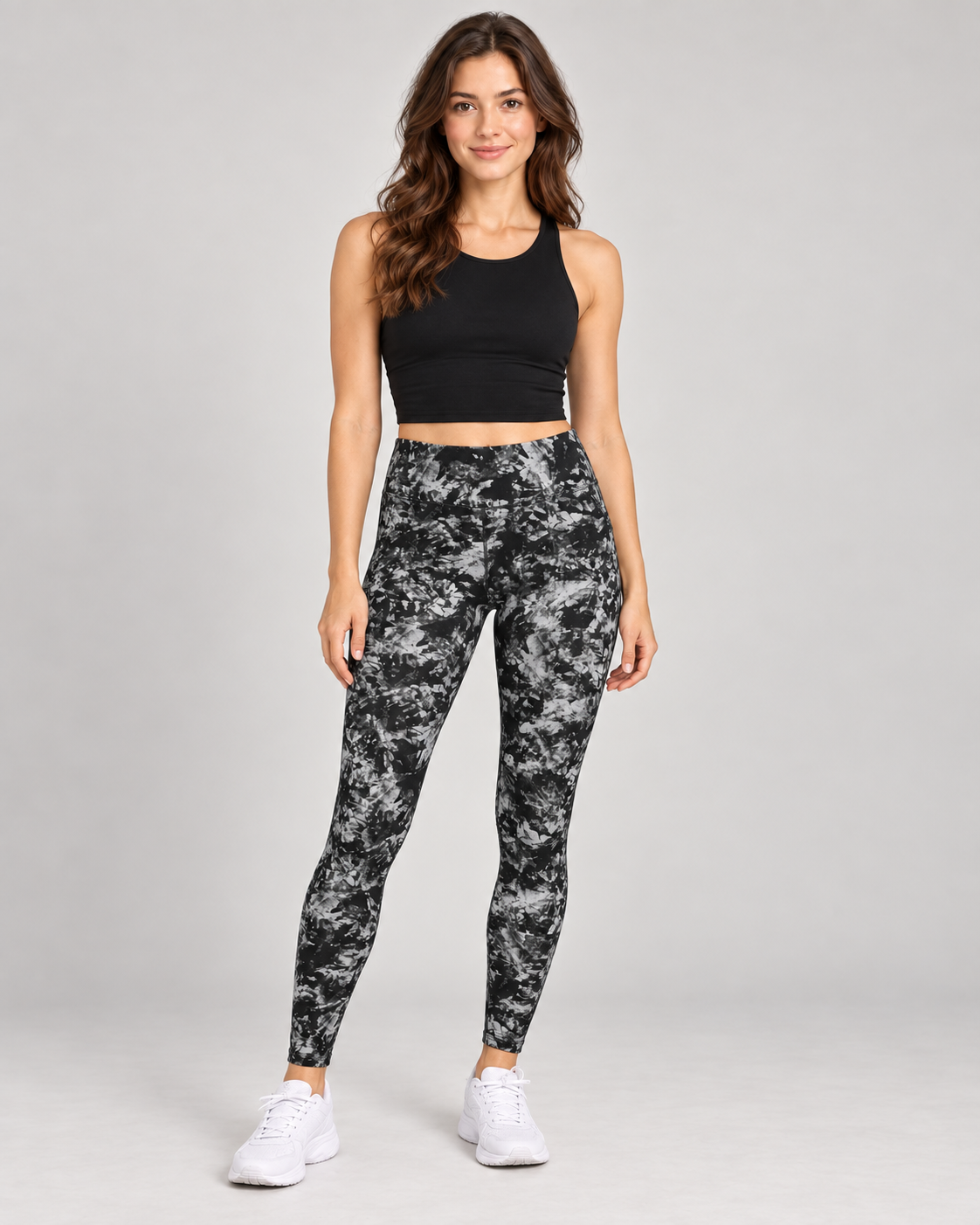 Printed leggings on a female studio model