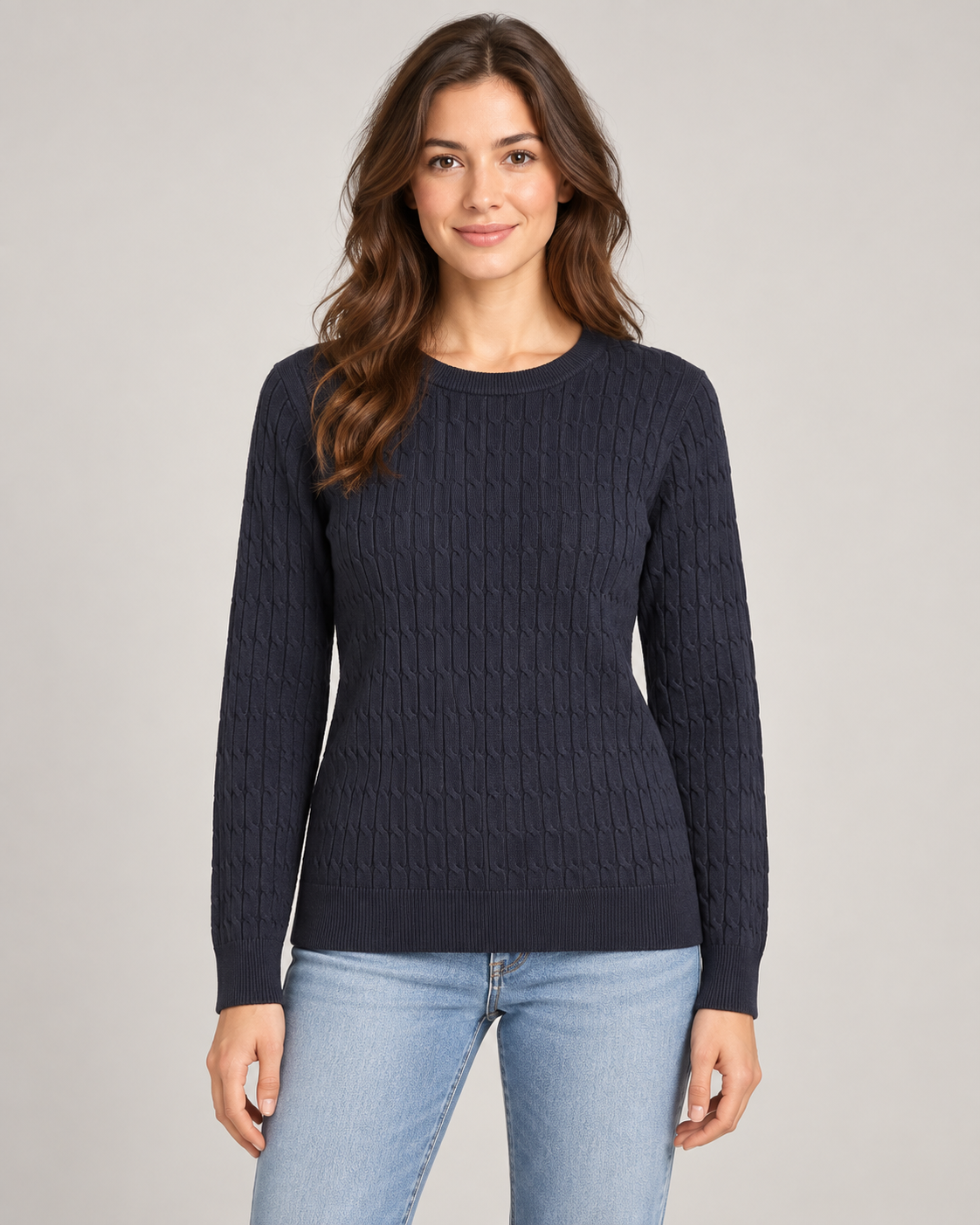 Female model wearing a navy textured crew neck jumper