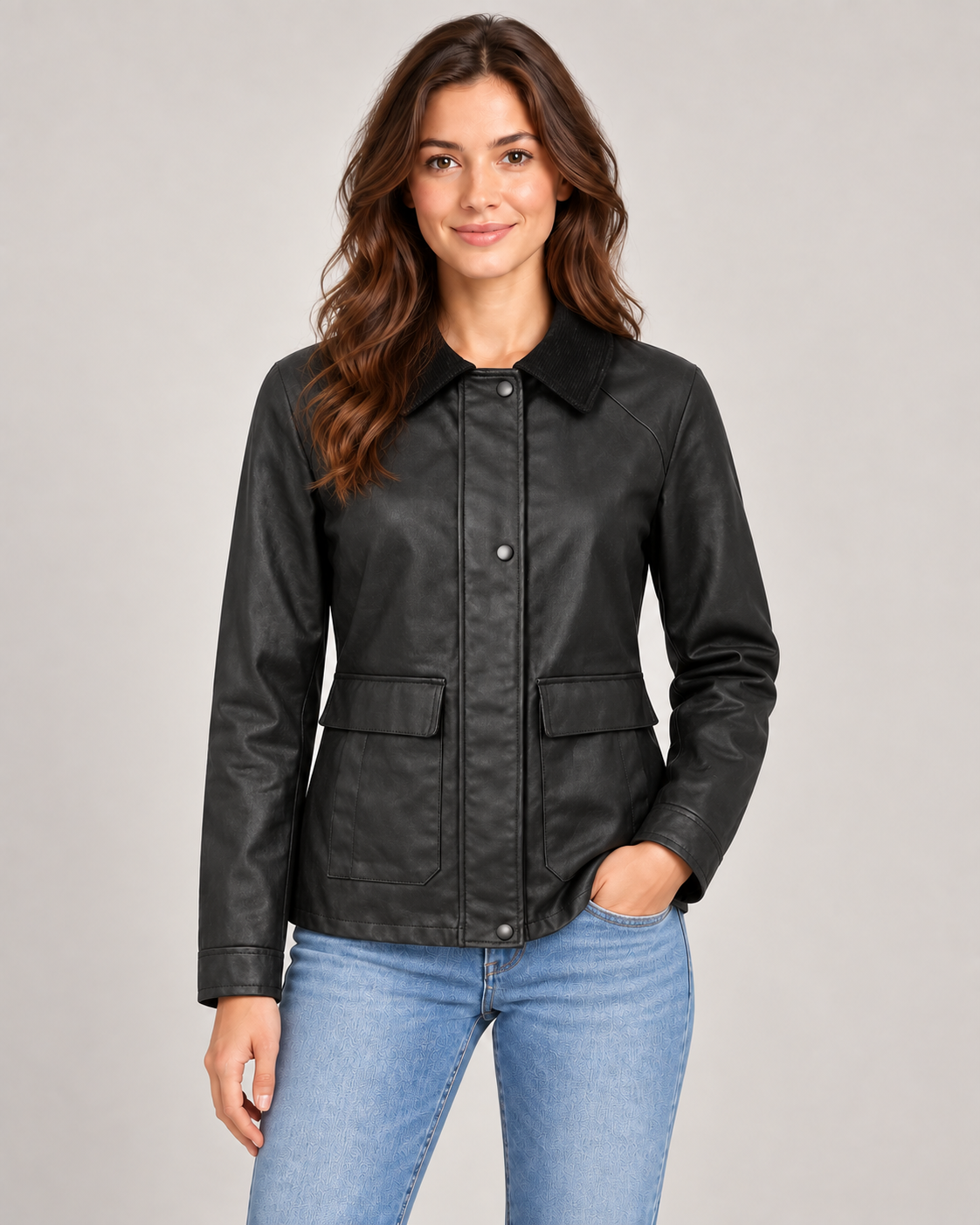 Female model wearing the black Threadbare wax jacket in a neutral studio