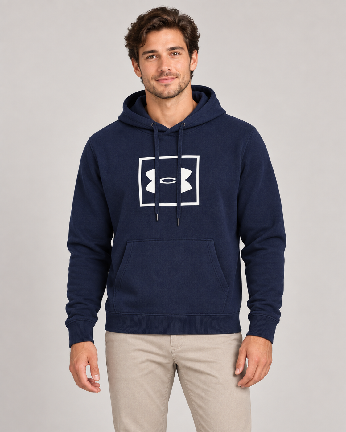 Under Armour Box Logo Hoodie in Navy on a studio model