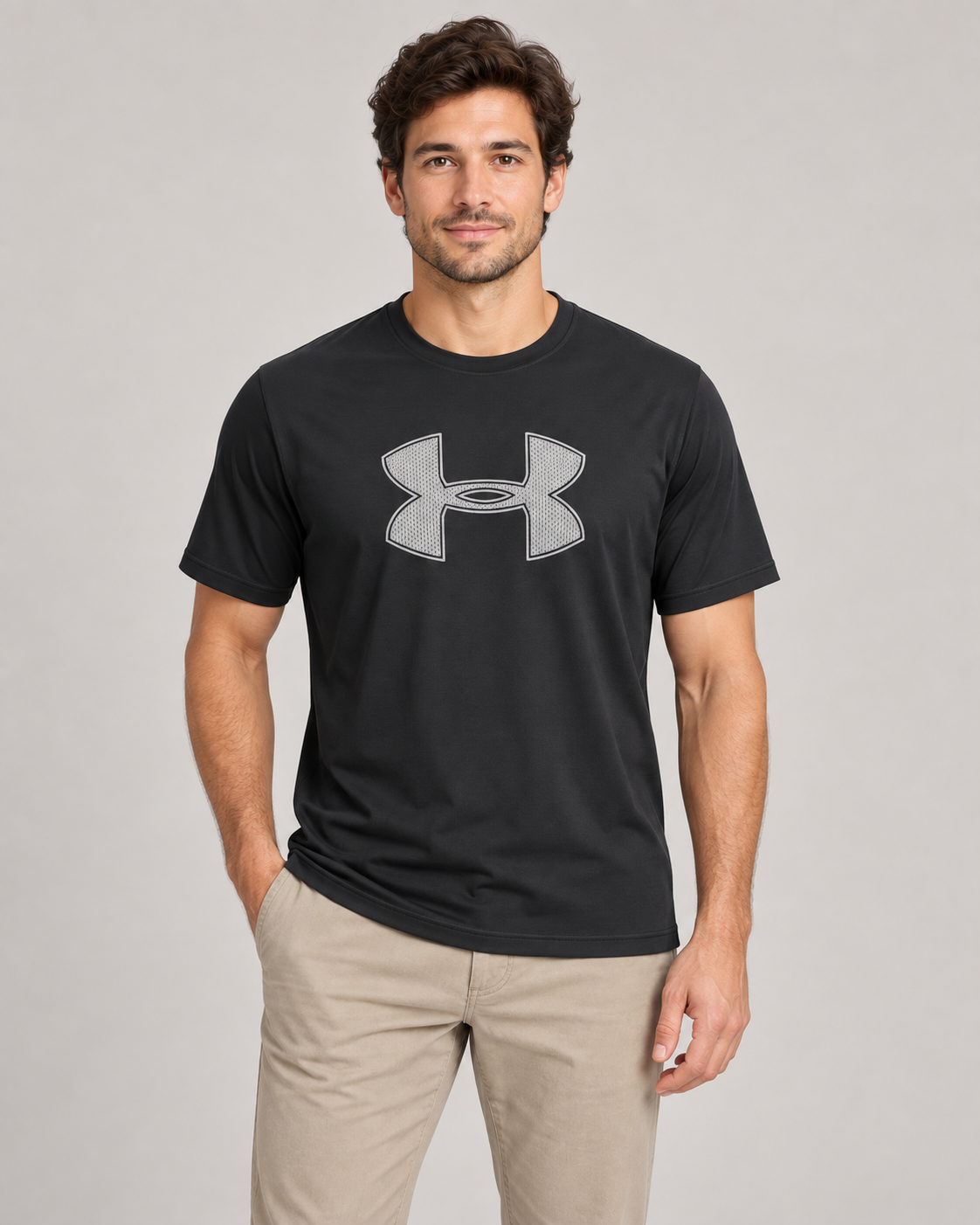 Under Armour Medium Logo Top in Black on a studio model