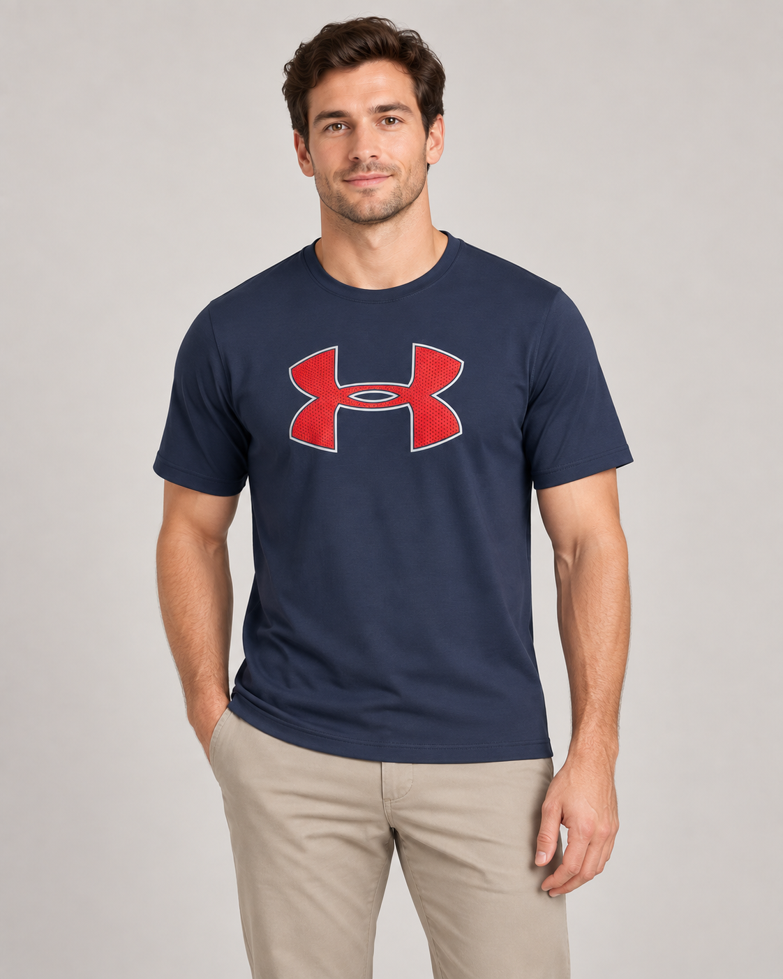 Under Armour Medium Logo Top in Navy on a studio model