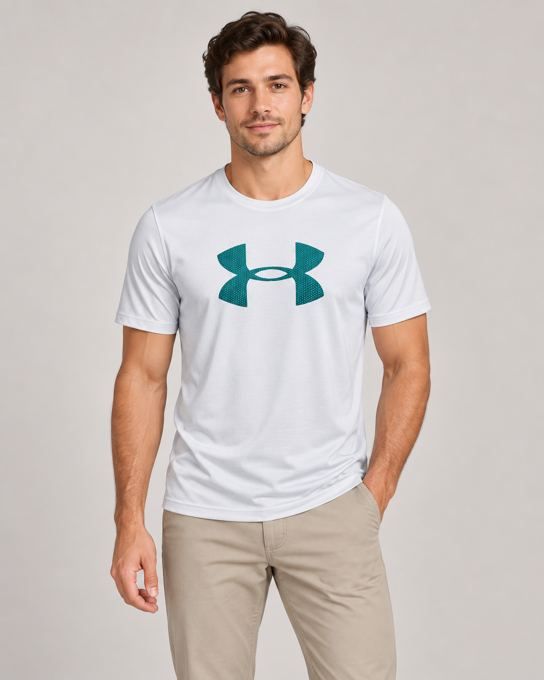 Under Armour Medium Logo Top in White on a studio model