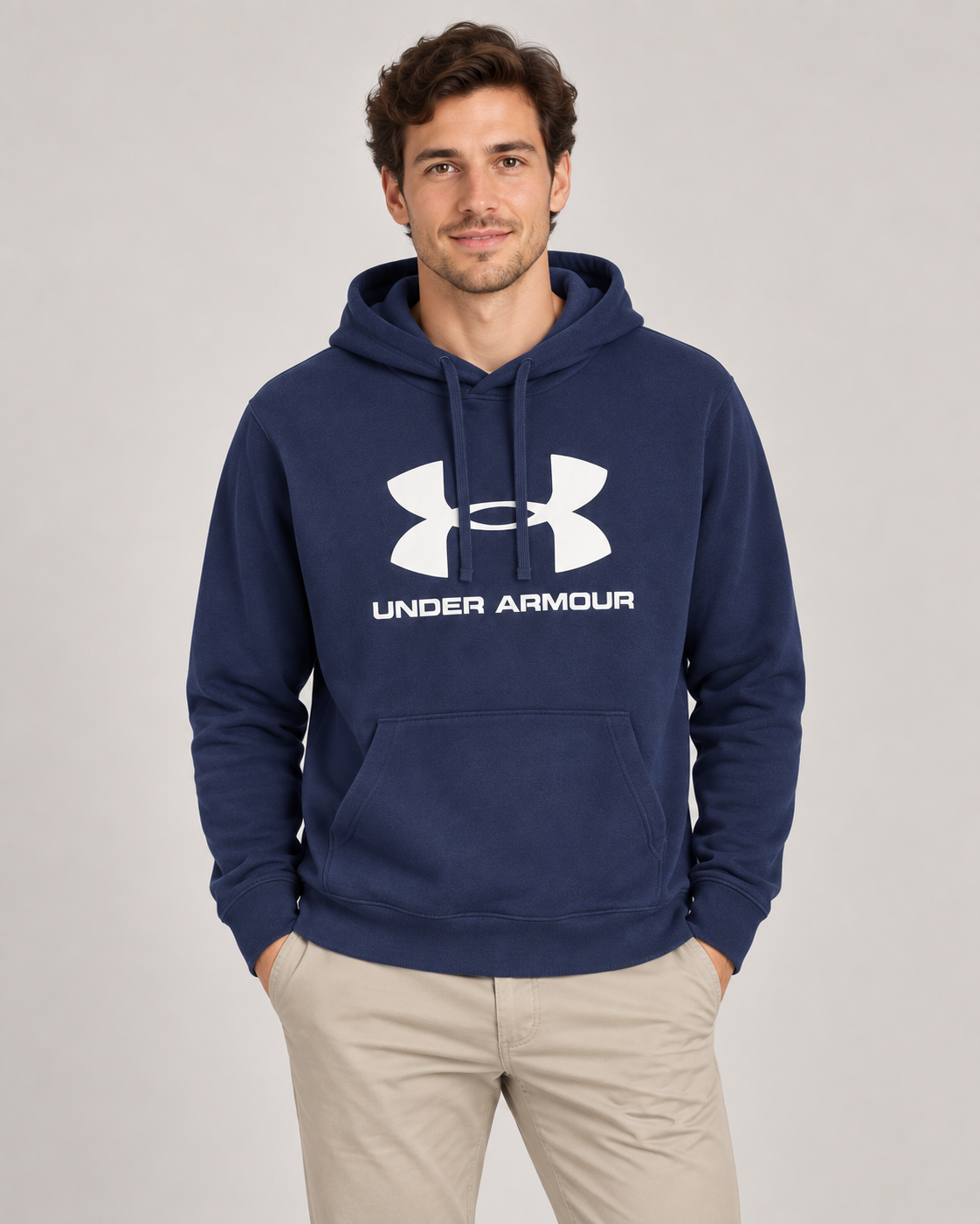 Under Armour Written Logo Hoodie in Navy on a studio model