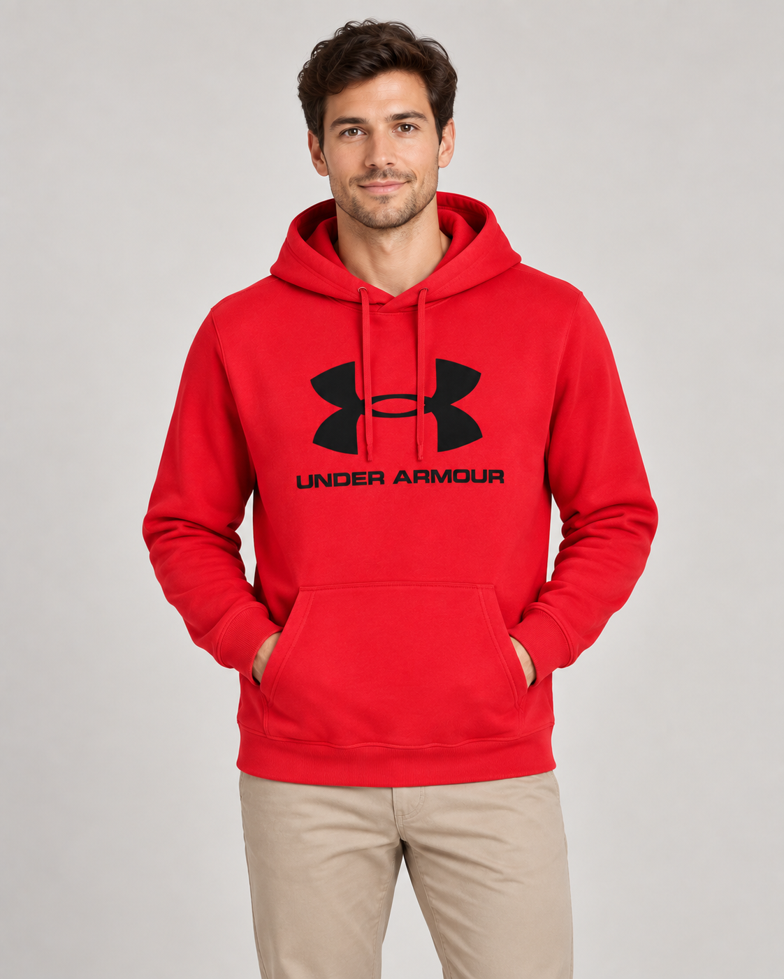 Under Armour Written Logo Hoodie in Red on a studio model
