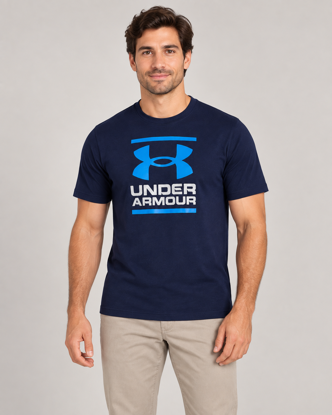 Under Armour Written Logo Top in Navy on a studio model