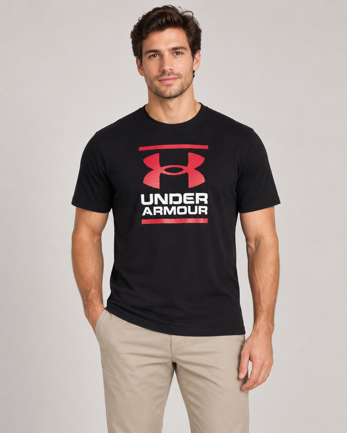 Under Armour Written Logo Top in Black on a studio model