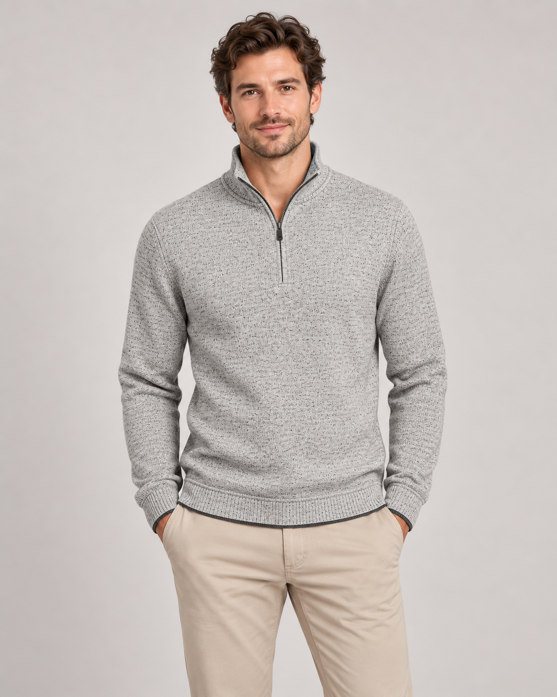 Wrangler Men's Quarter Zip in Grey on a studio model