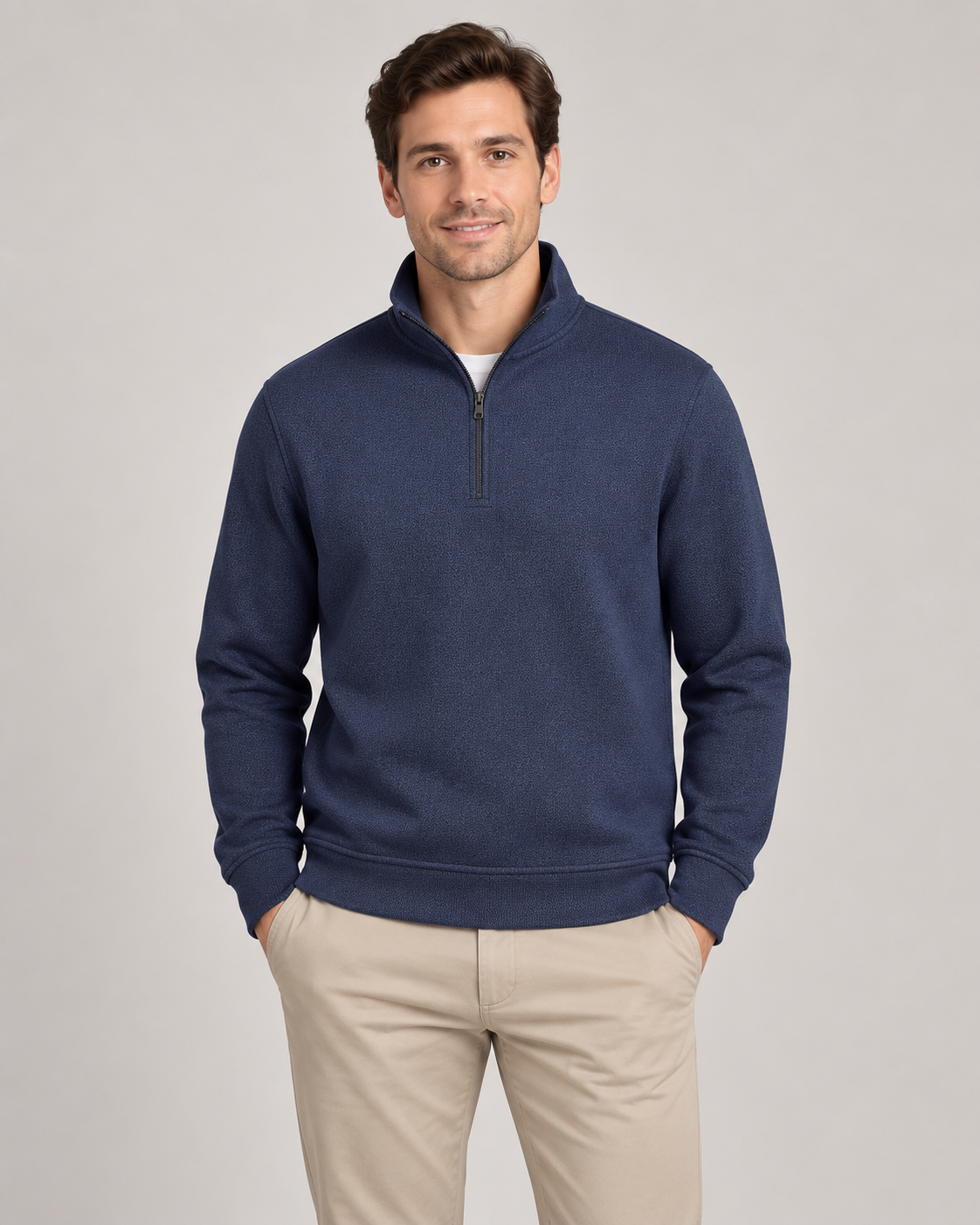 Wrangler Men's Quarter Zip in Navy on a studio model