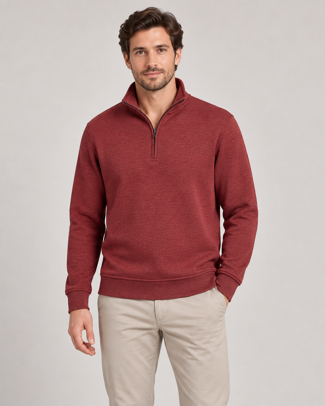 Wrangler Men's Quarter Zip in Red on a studio model