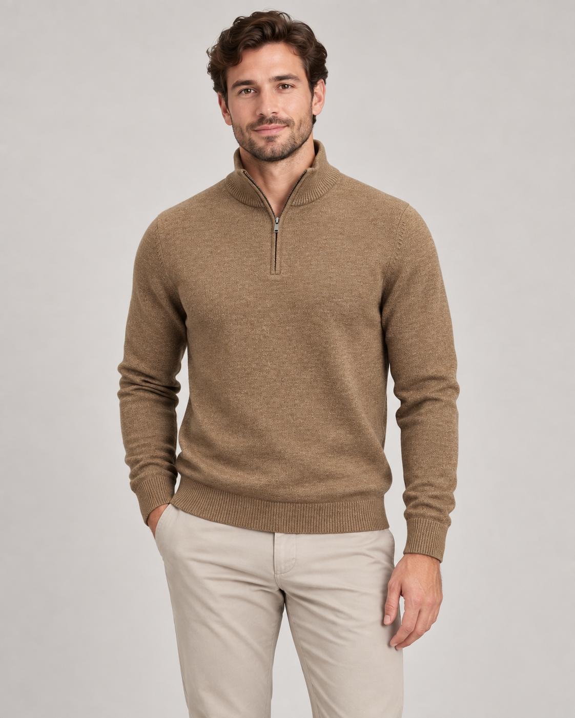 Wrangler Men's Quarter Zip in Khaki on a studio model