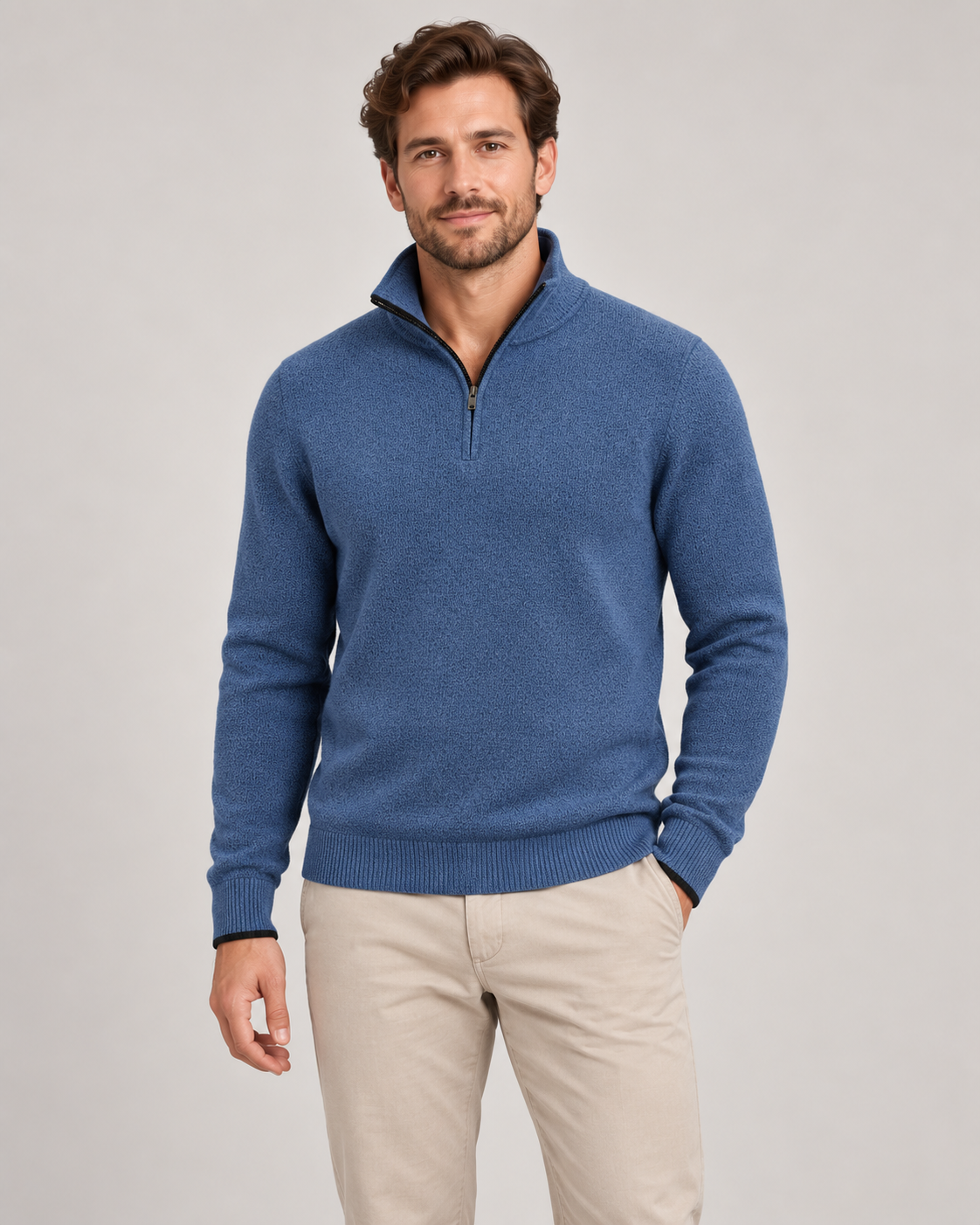 Wrangler Men's Quarter Zip in Blue on a studio model