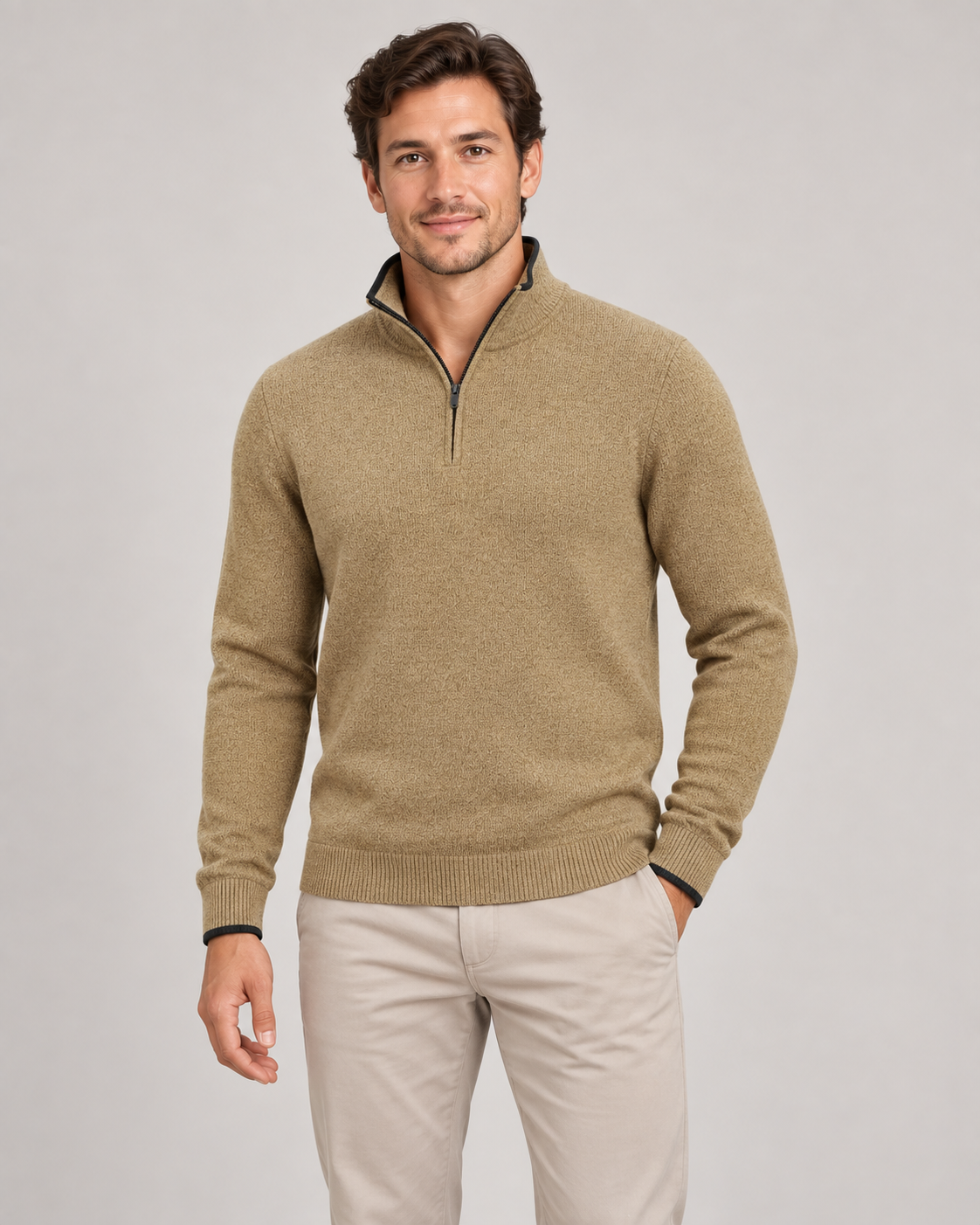 Wrangler Men's Quarter Zip in Camel on a studio model