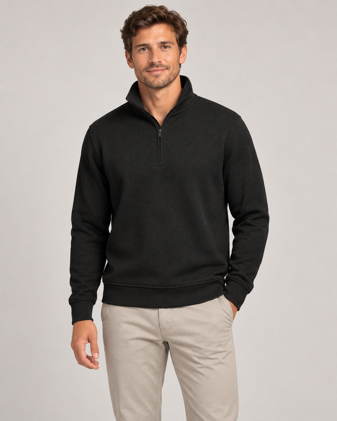Wrangler Men's Quarter Zip in Black on a studio model