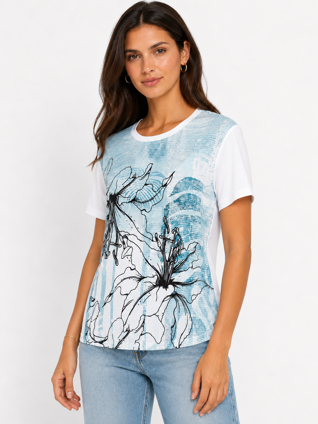 Abstract floral print top shown in a three-quarter pose