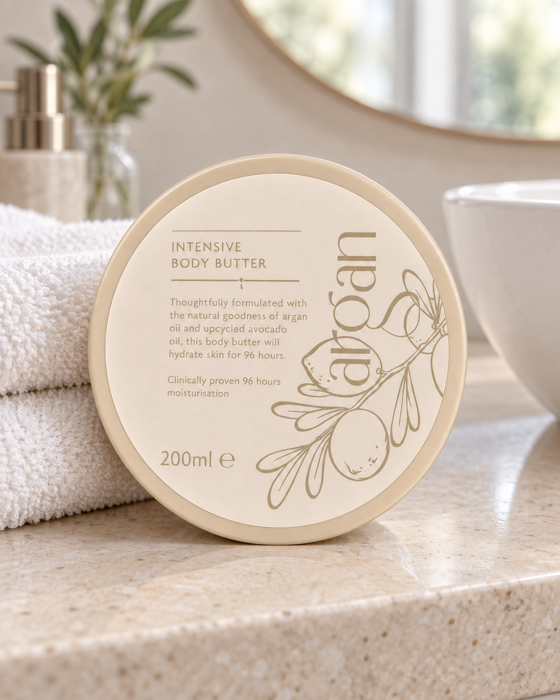 Argan Intensive Body Butter styled on a bathroom vanity