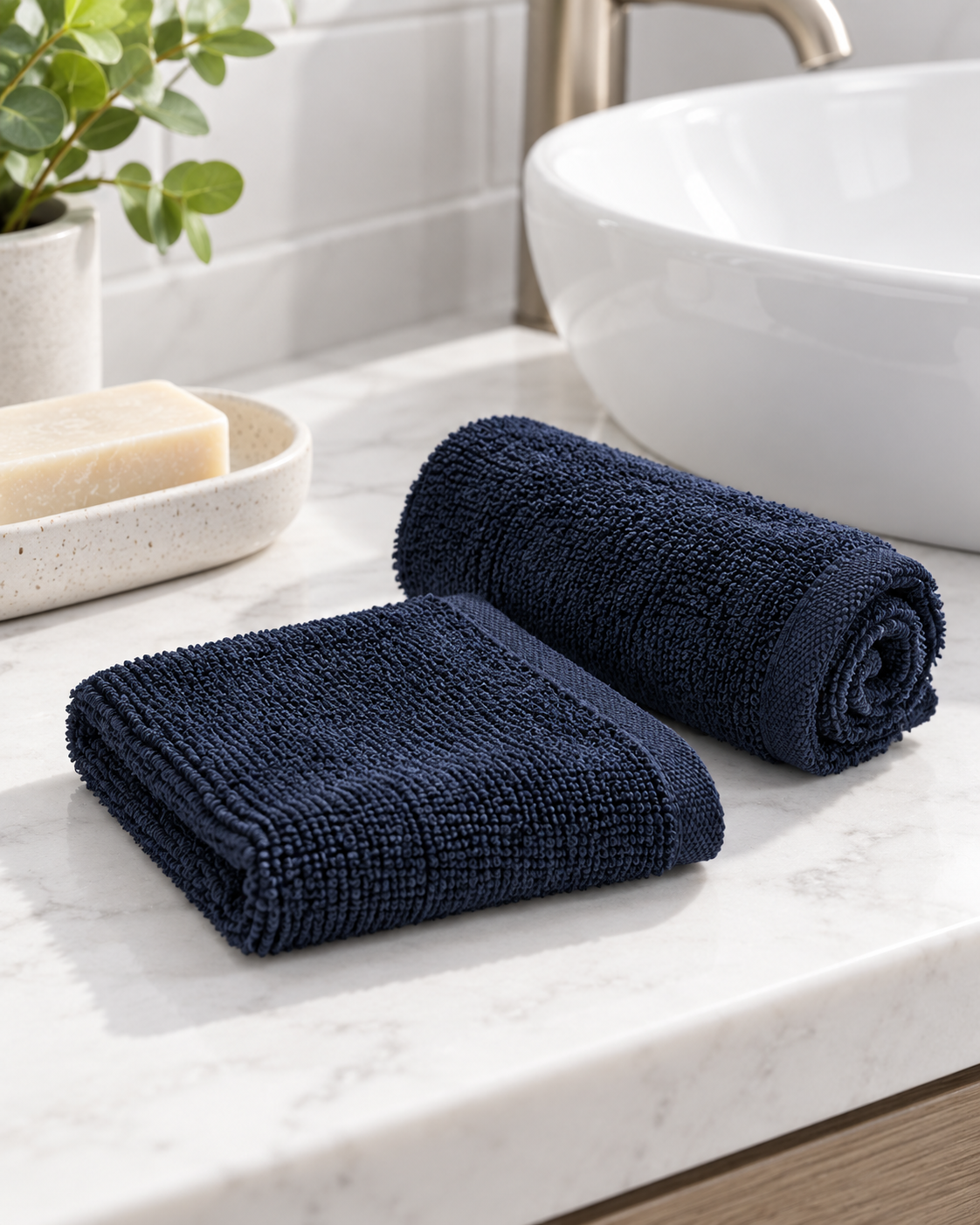 Navy cotton face towels beside a bathroom basin