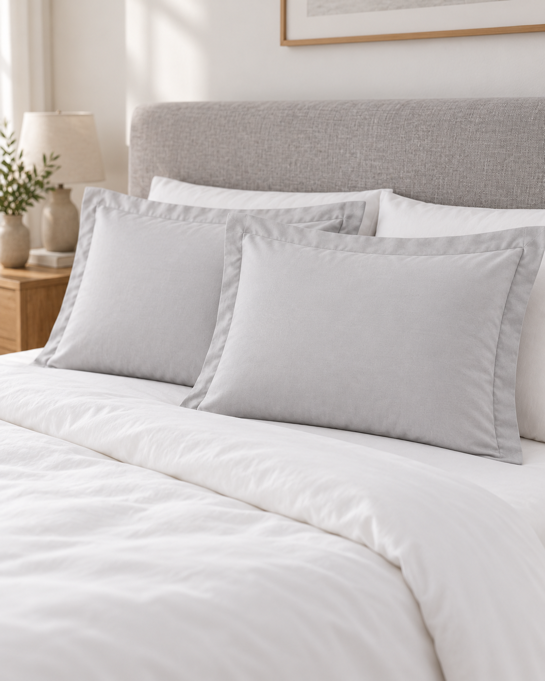 Light grey Oxford pillowcases styled on a bed