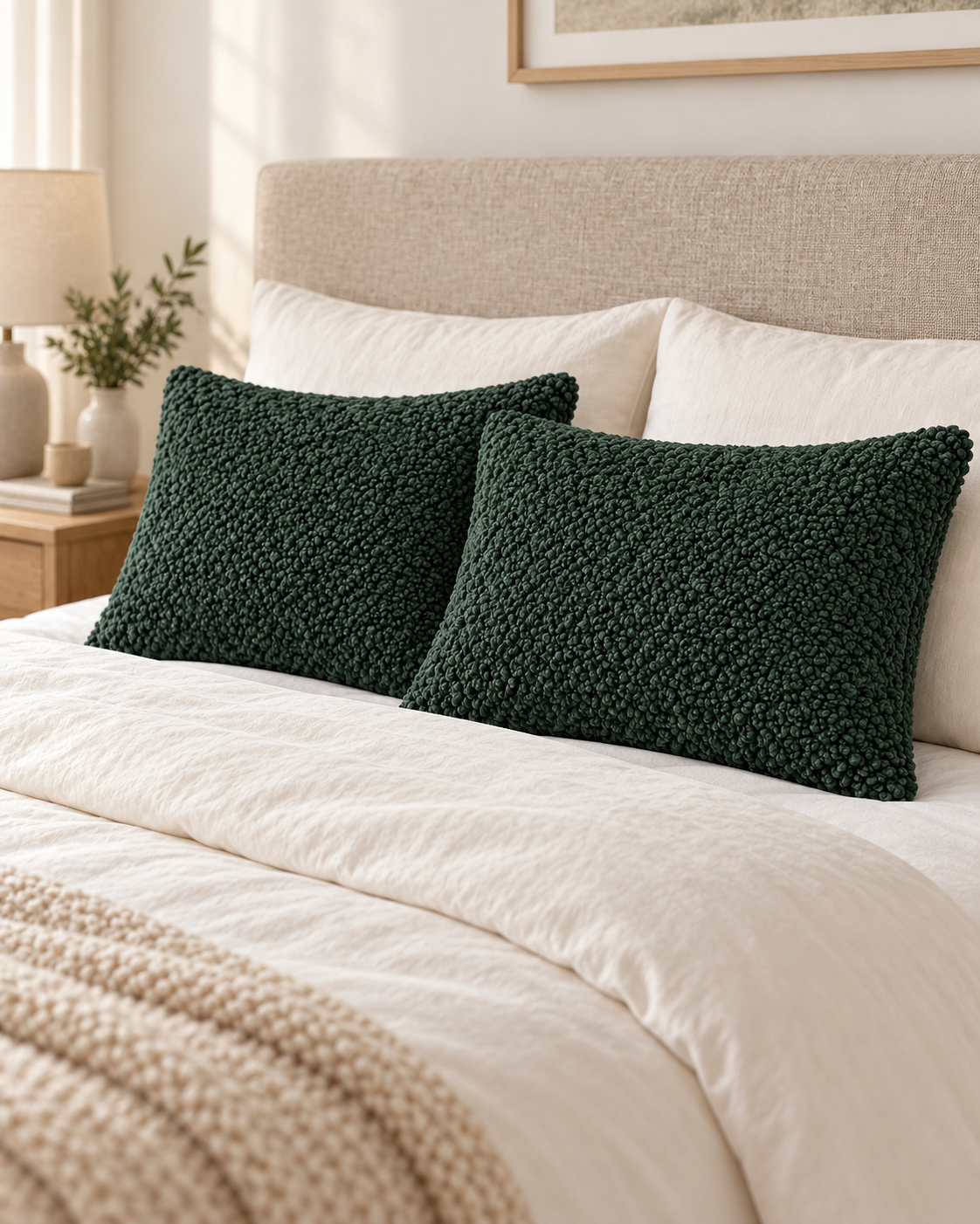 Dark green borg fleece pillowcases styled on a bed