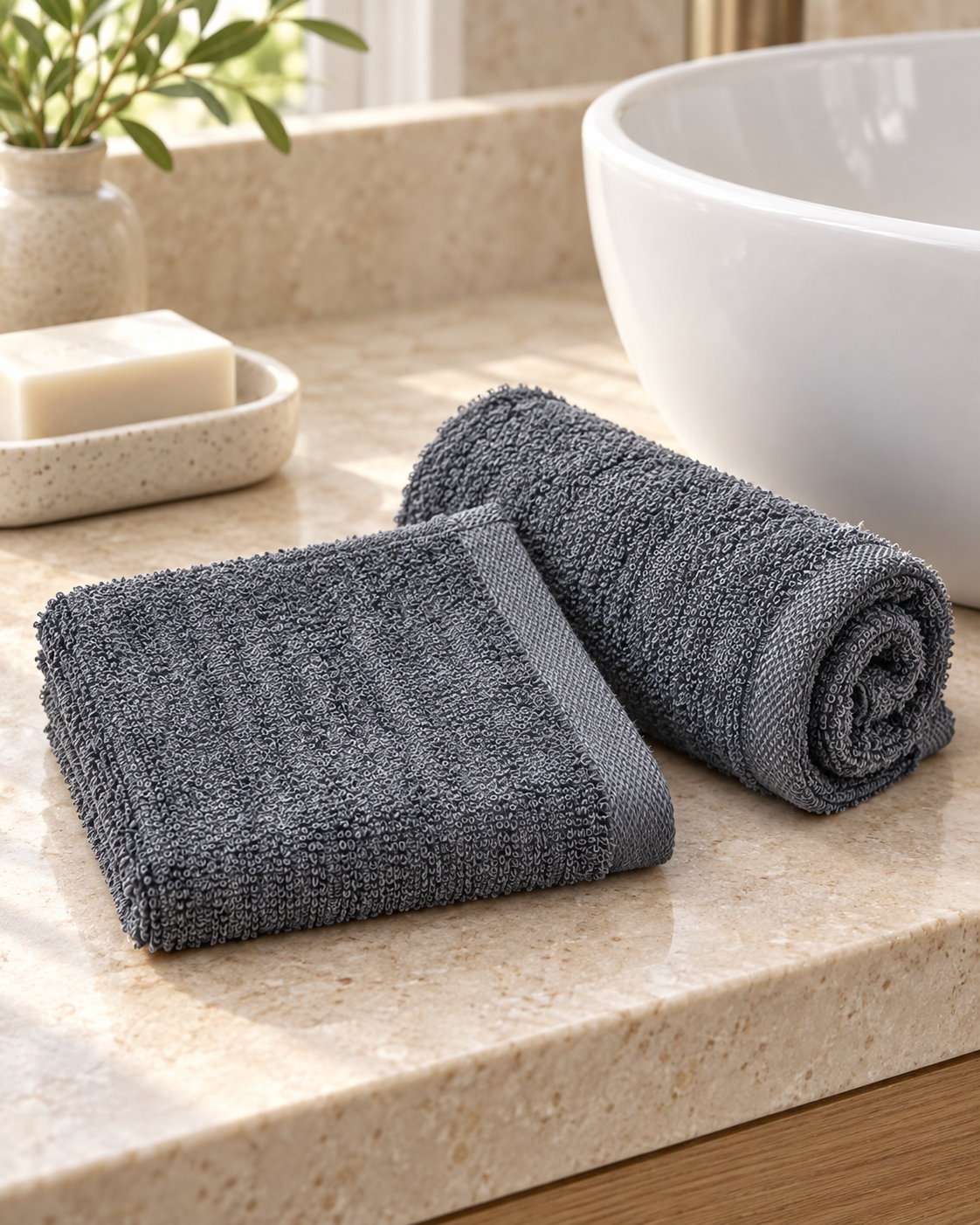 Grey cotton face towels beside a bathroom basin