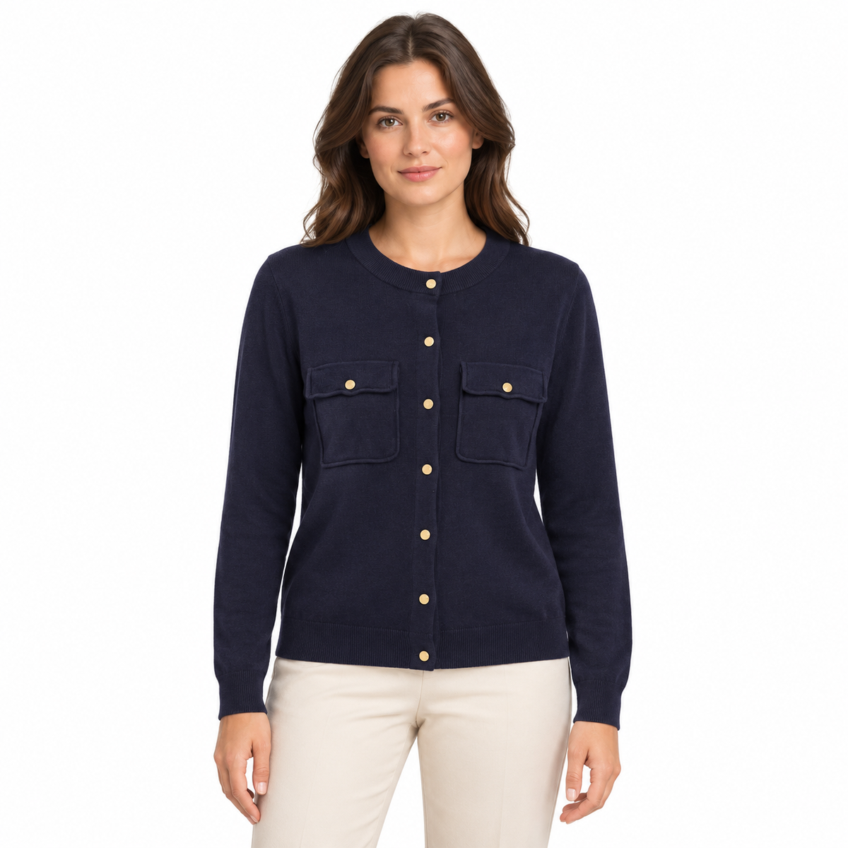 Gold Button Cardigan - Navy on a model