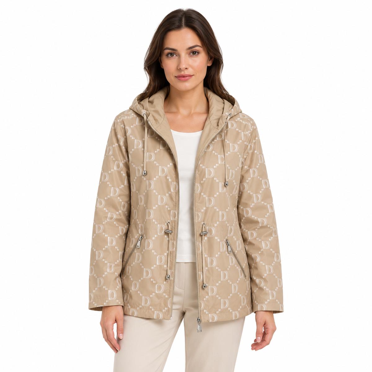 Reversible Monogram Jacket - Beige on a model - patterned reverse