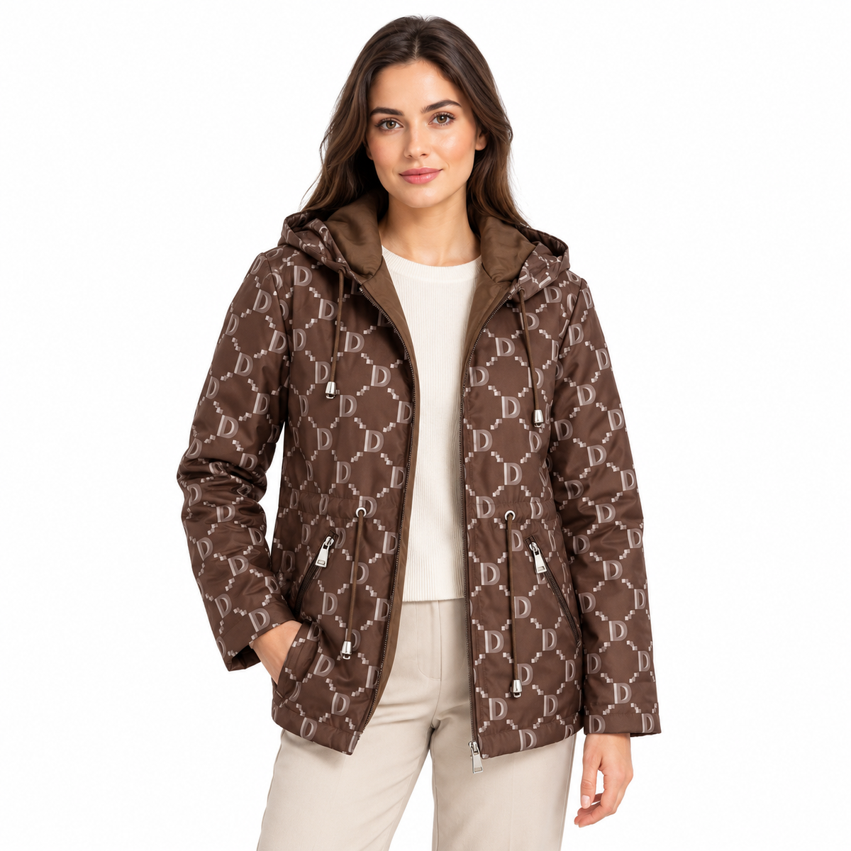 Reversible Monogram Jacket - Brown on a model - patterned reverse