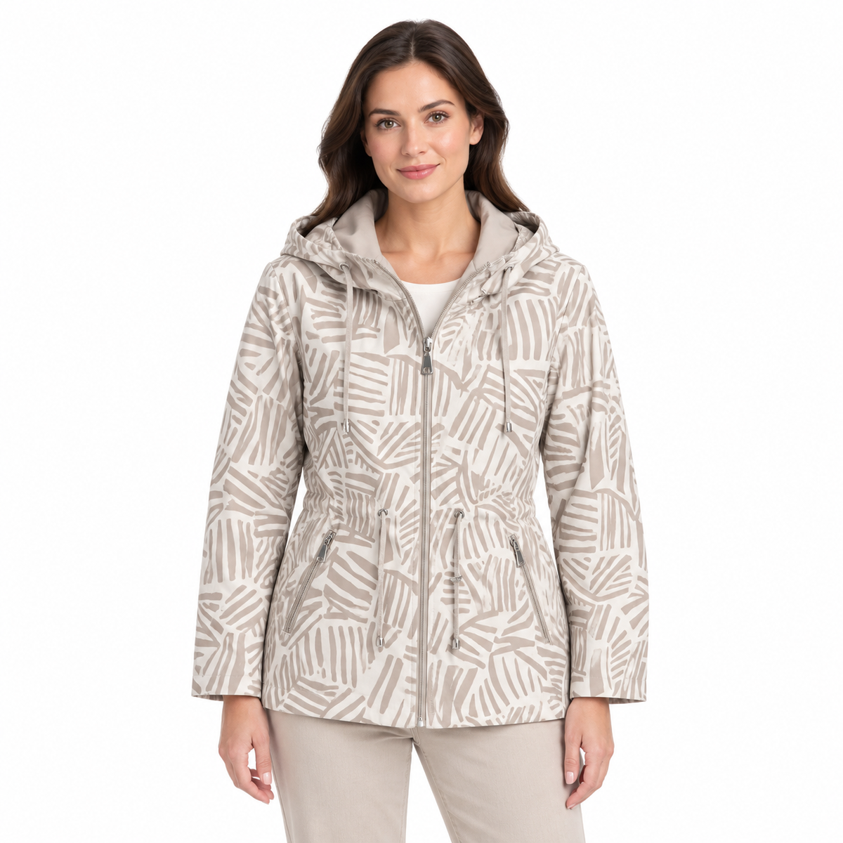 Reversible Abstract Jacket - Beige on a model - patterned reverse