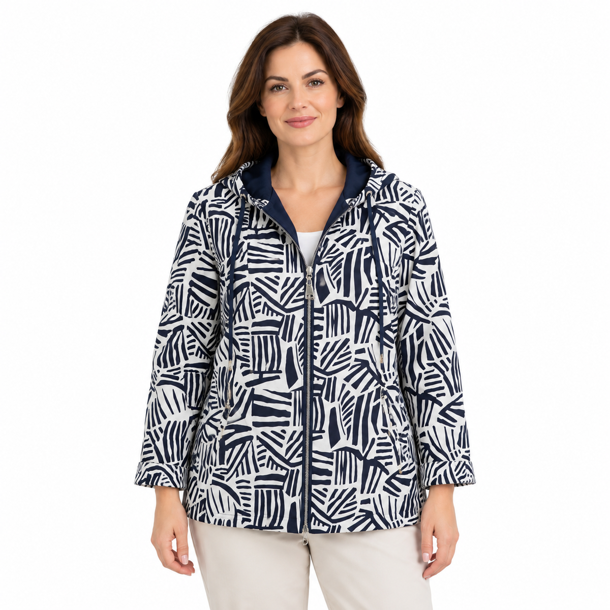 Reversible Abstract Jacket - Navy on a model - patterned reverse