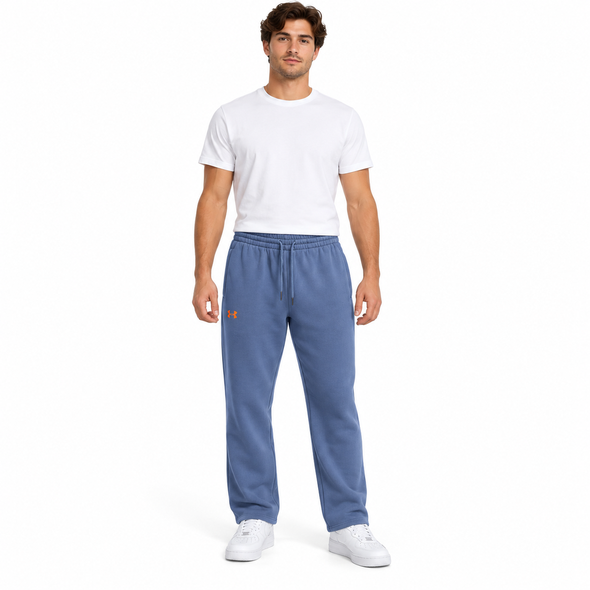 Under Armour light blue open-hem joggers worn by a model