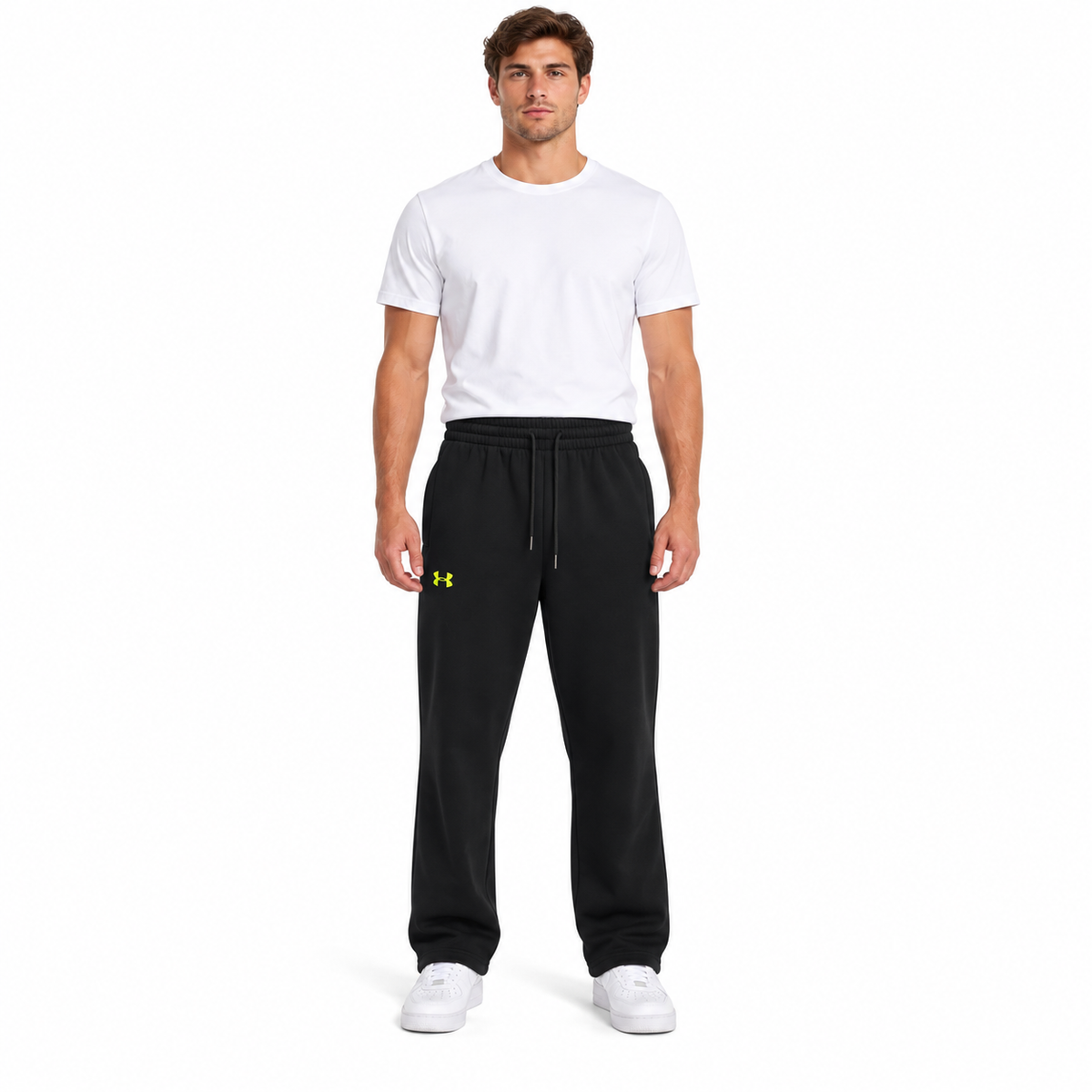 Under Armour black open-hem joggers worn by a model