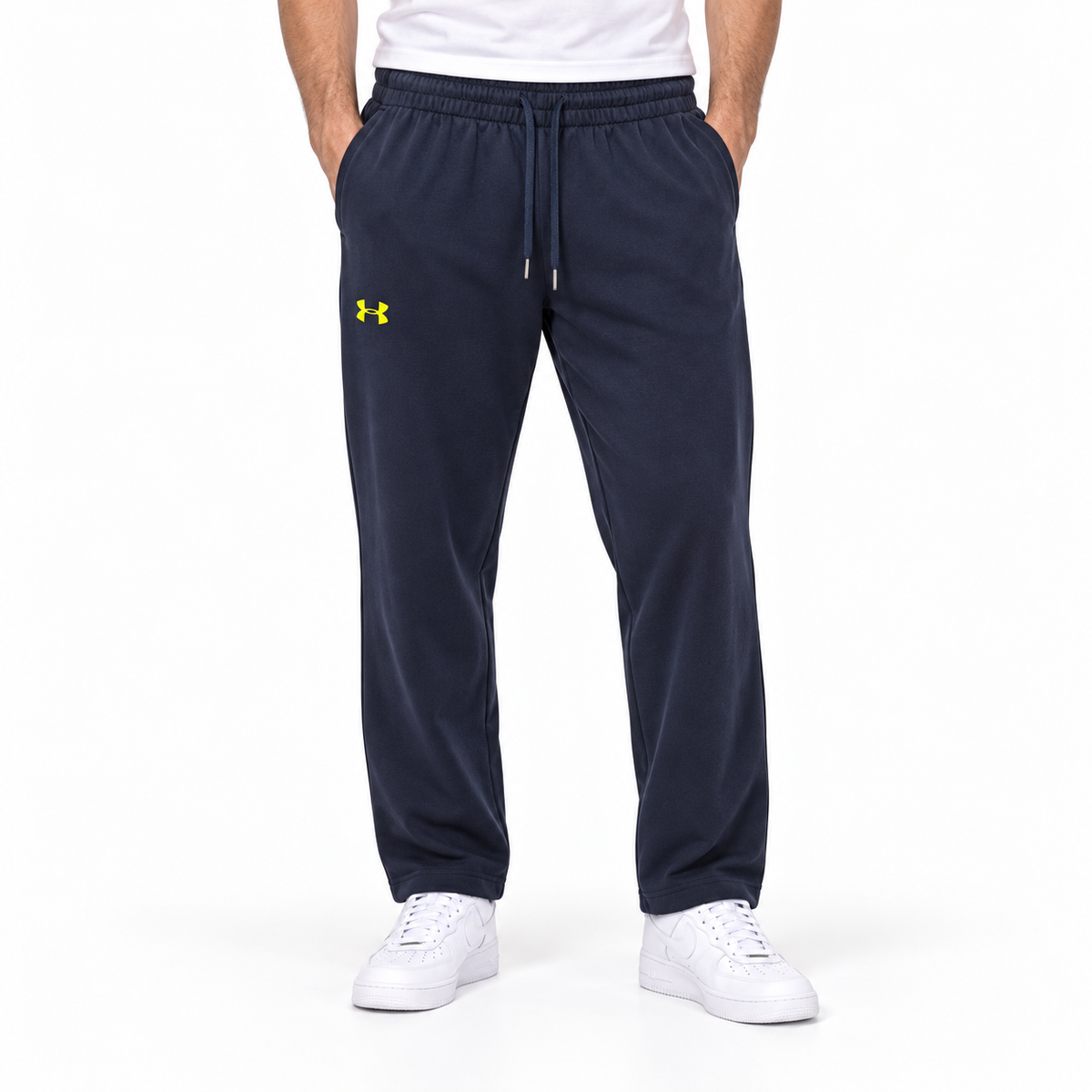 Under Armour navy open-hem joggers worn by a model